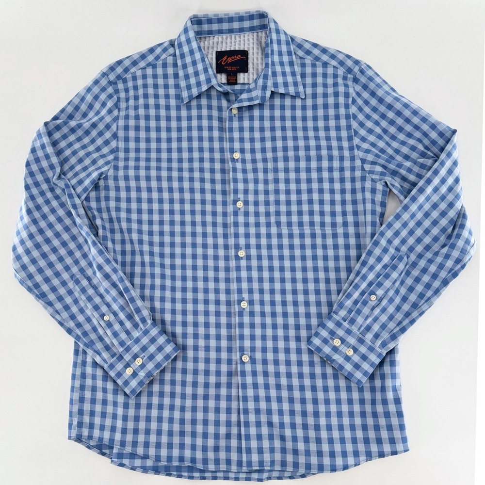 EGARA Men's Blue Gingham Button Down Shirt Slim Fit Stretch Non Iron Large
